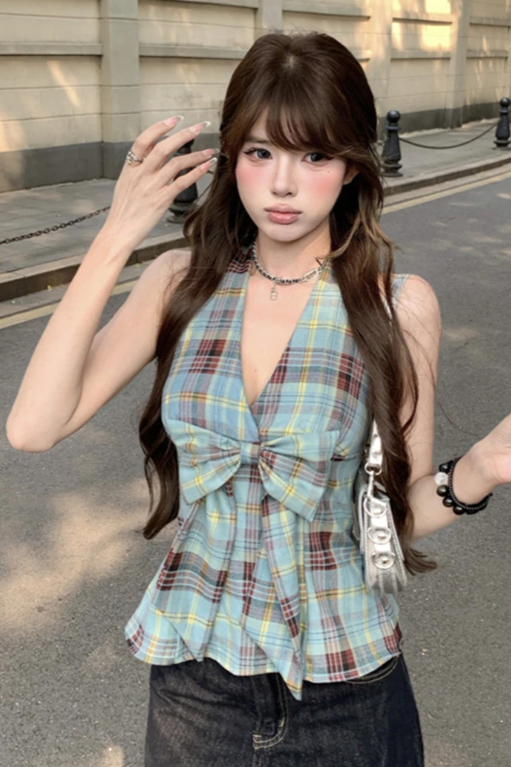 Sexy Retro Plaid Halter Bow Tie Cropped Tops