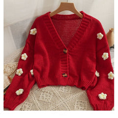 3D Flower Cropped Cardigan Sweater