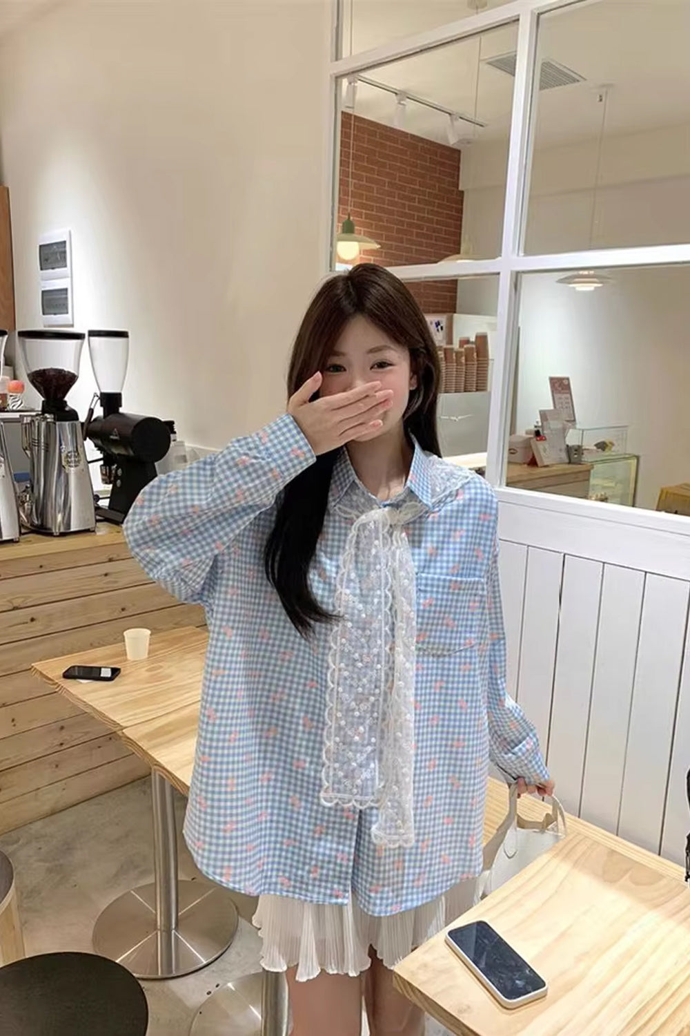 Long Sleeve Retro Lace Shawl Plaid Blouse Shirt