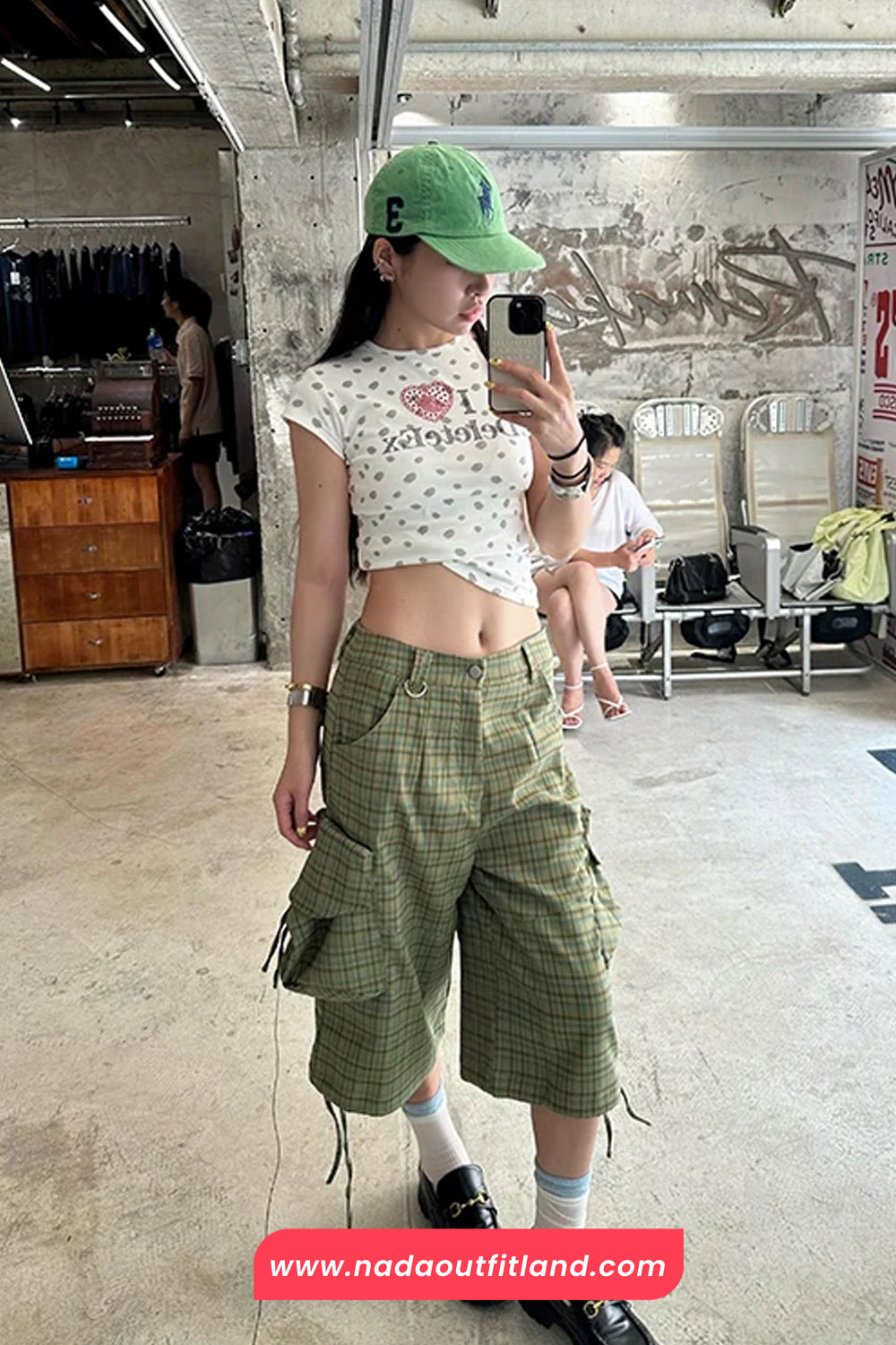 High Waist Green Plaid Knee Length Cargo Pants