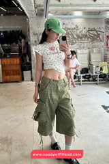 High Waist Green Plaid Knee Length Cargo Pants