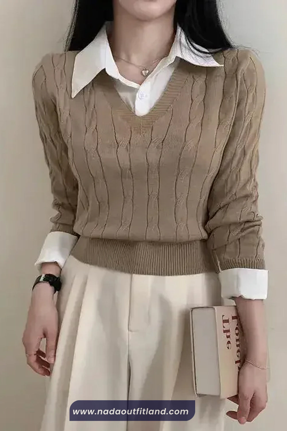 Two Piece Style Collar Shirt V-Neck Sweater