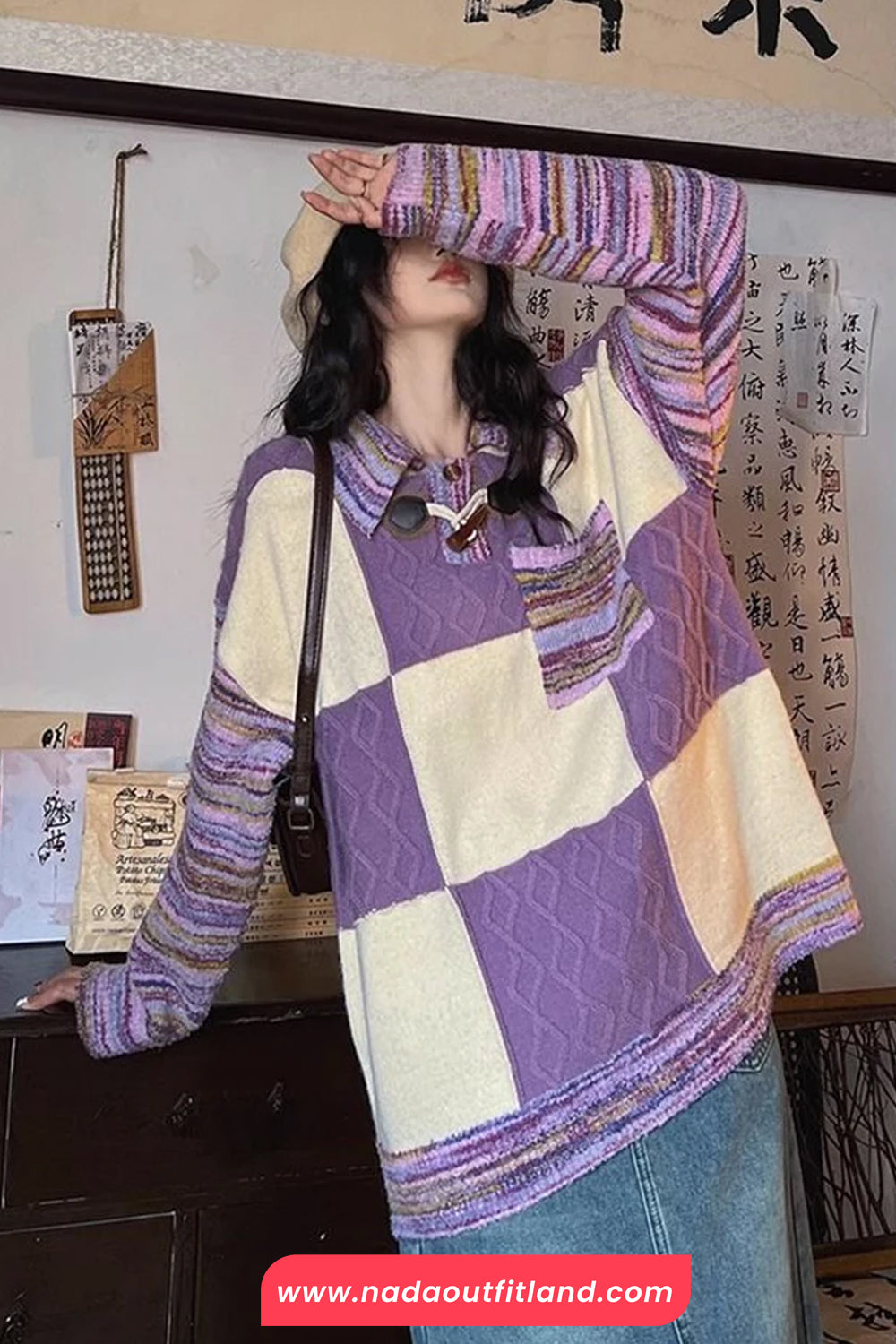 Long Sleeve Turn Down Collar Knitted Purple Plaid Sweater