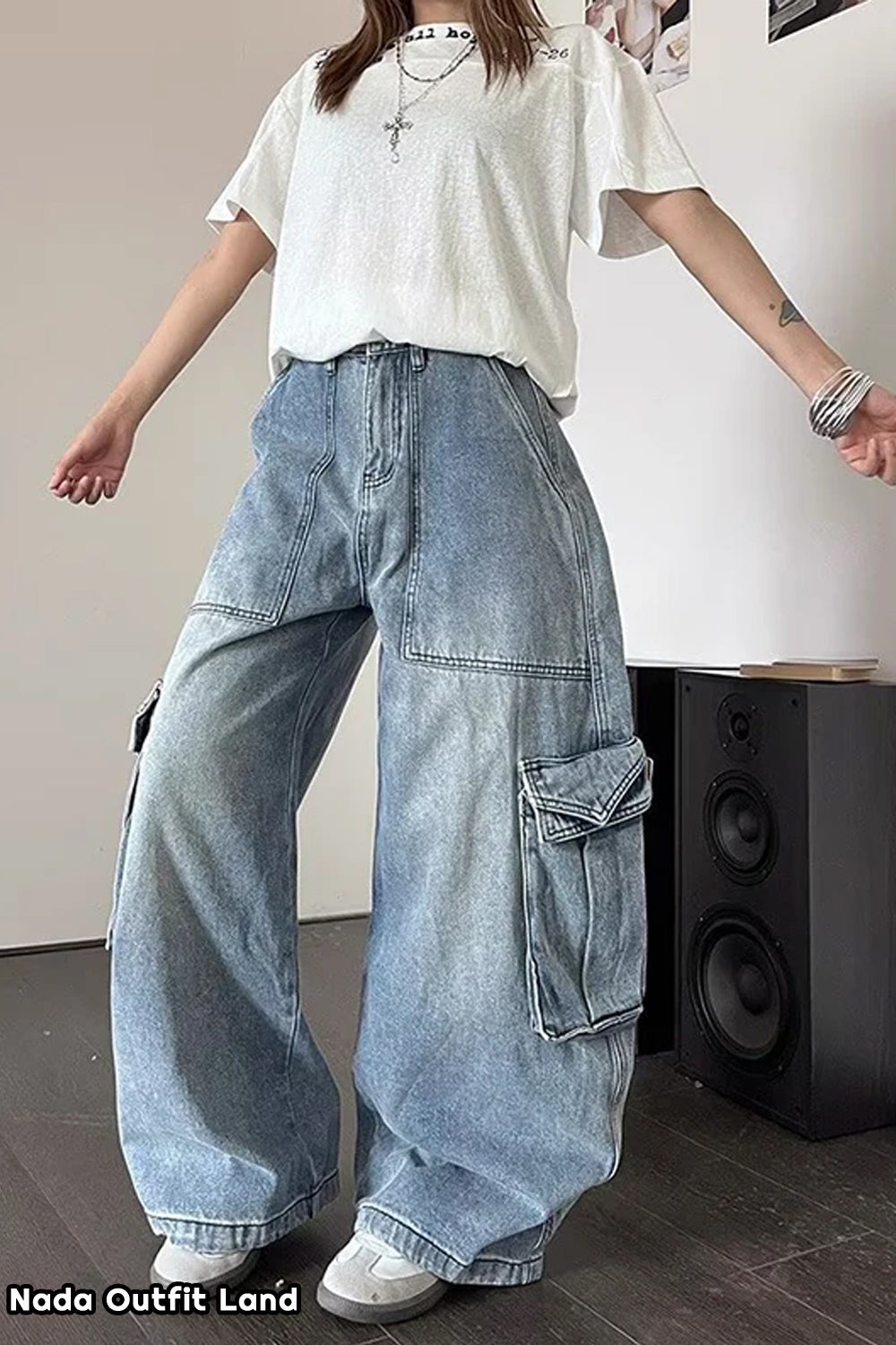 High Waist Retro Cargo Pockets Women Jeans Pants