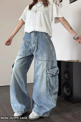 High Waist Retro Cargo Pockets Women Jeans Pants