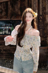 Long Sleeve Sexy Slash Neck Elegant Floral Blouse Shirt