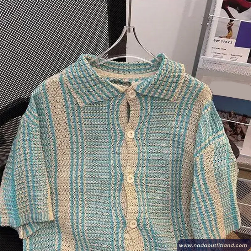 Short Sleeve Turn Down Collar Striped Style Knitted Shirt