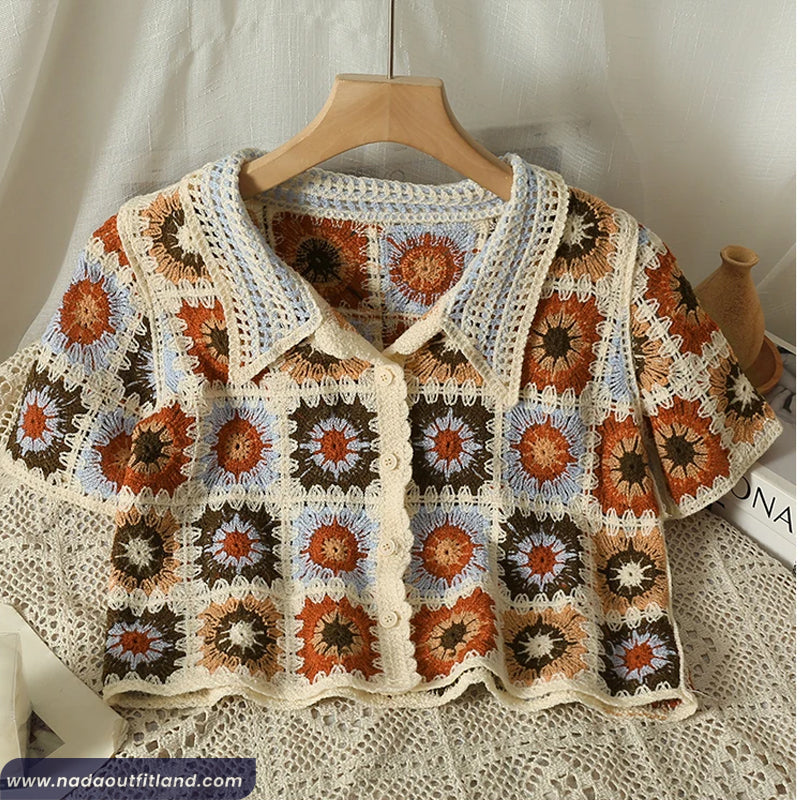 Turn Down Collar Retro Flower Pattern Crochet Shirts