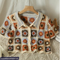 Turn Down Collar Retro Flower Pattern Crochet Shirts