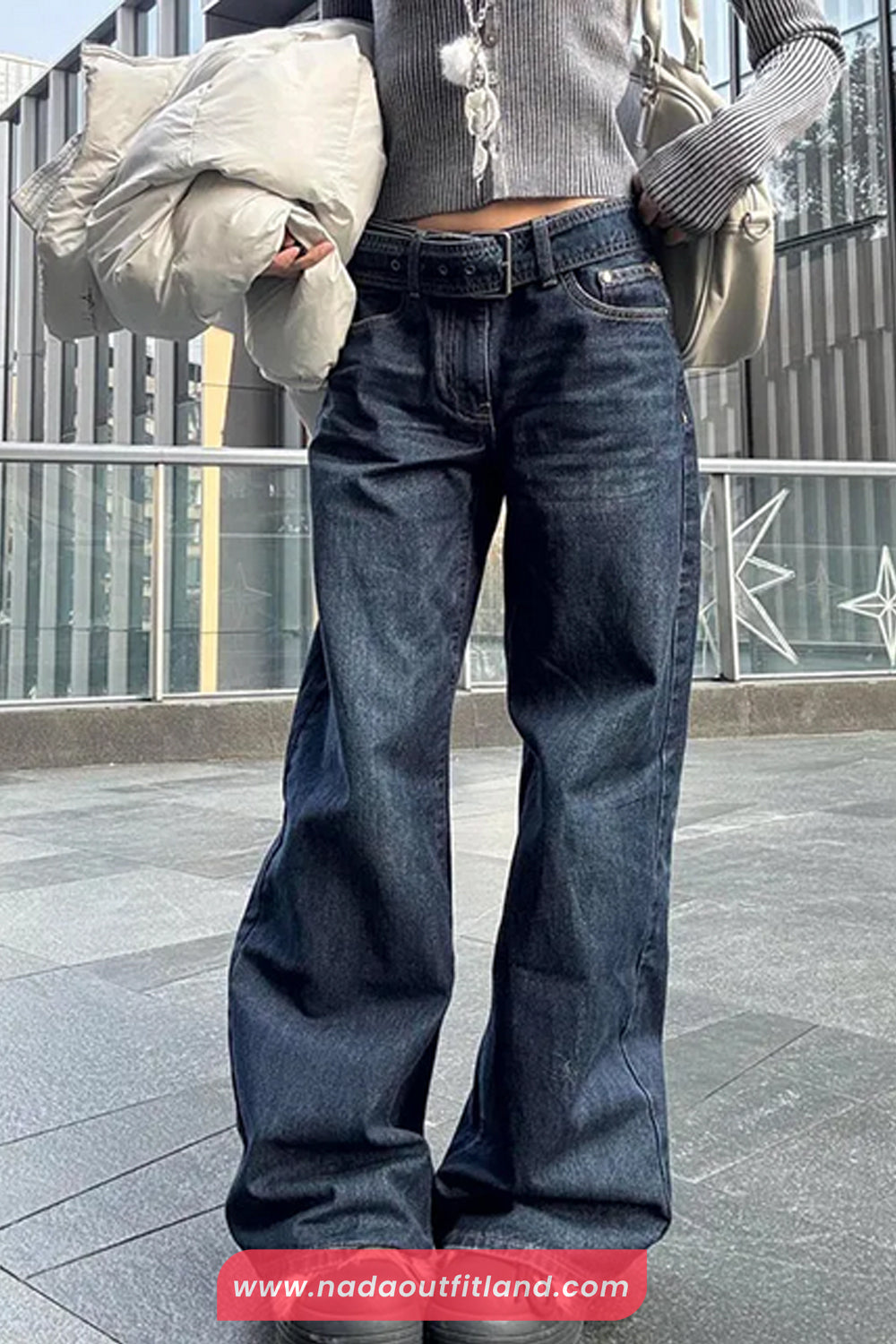 High Waist Belted Retro Blue Jeans Pants