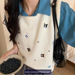 Cute Cat Embroidered Knitted Vest Sweater