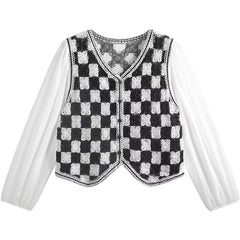 Long Sleeve V-Neck Transparent Checkerboard Crochet Shirts