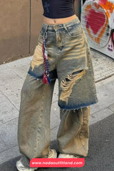 High Waist Stitching Hole Ripped Washed Jeans Pants