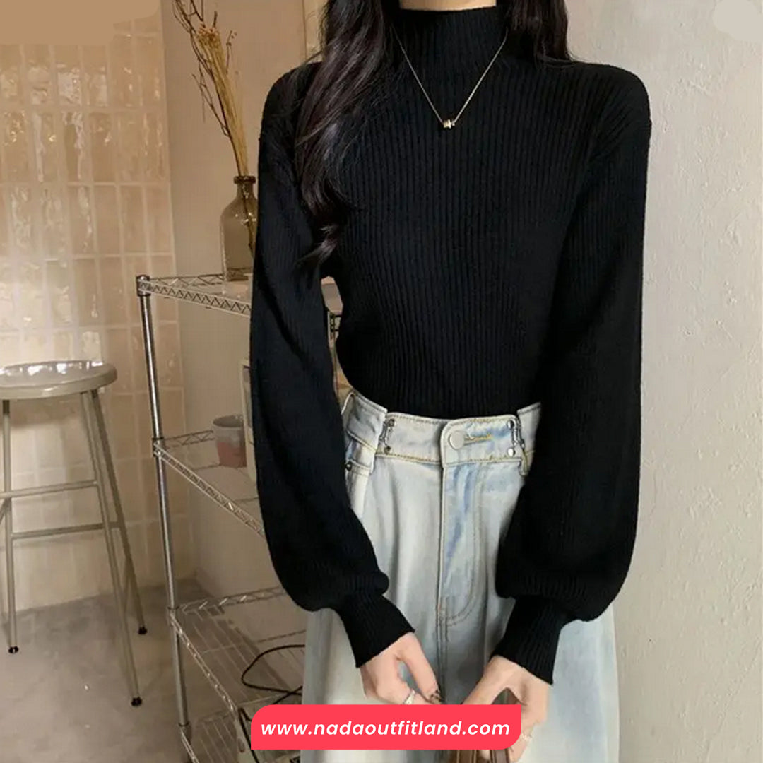 Long Sleeve Semi High Neck Knitted Casual Sweater