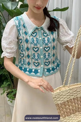 Short Sleeve Turn Down Collar Love Pattern Knitted Crochet Shirts
