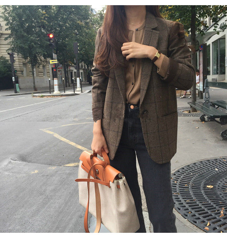 Plaid Notched Single Breasted Blazer Jacket