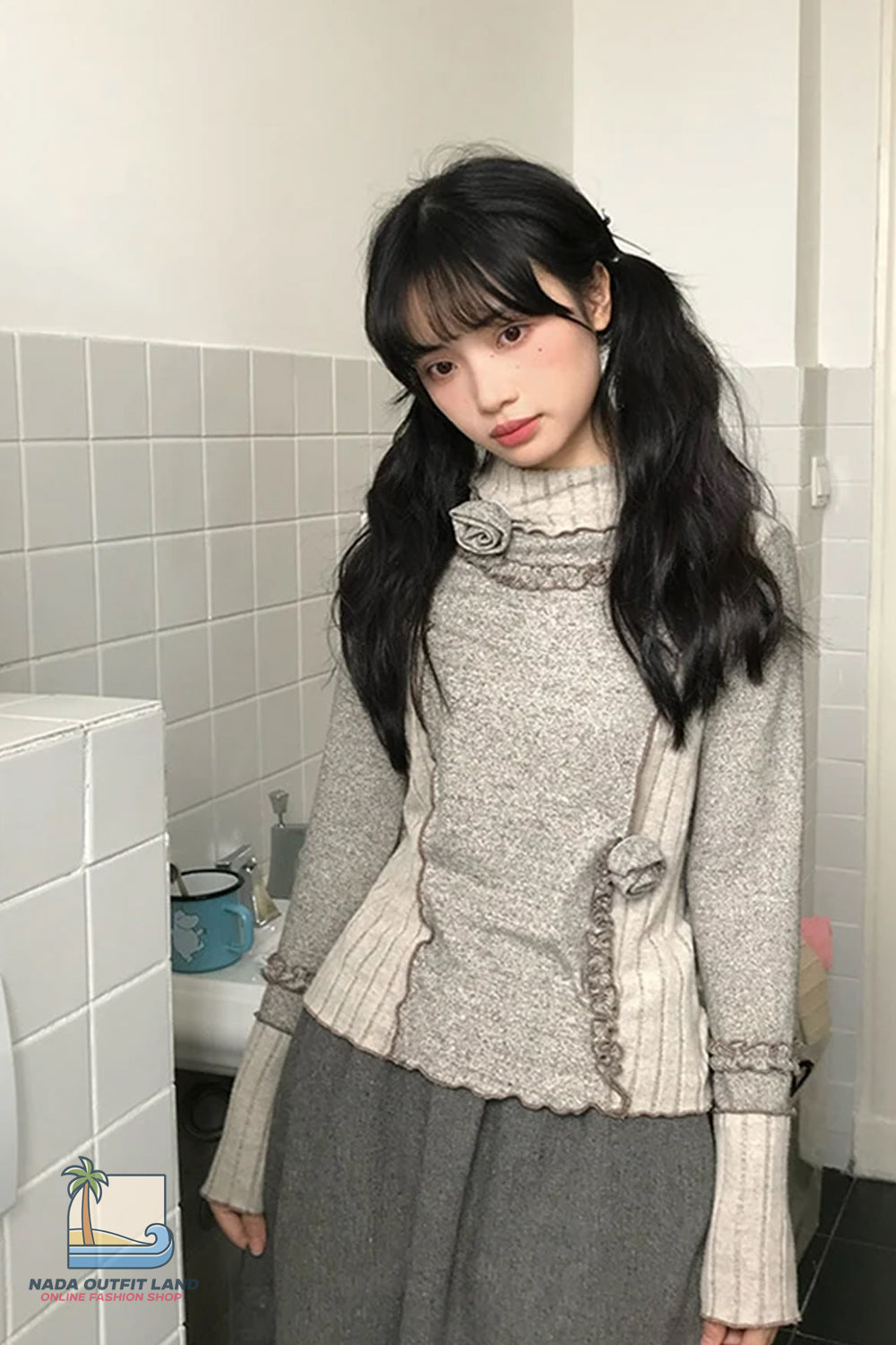 Long Sleeve 3D Flowers Vintage Ruffles Sweater