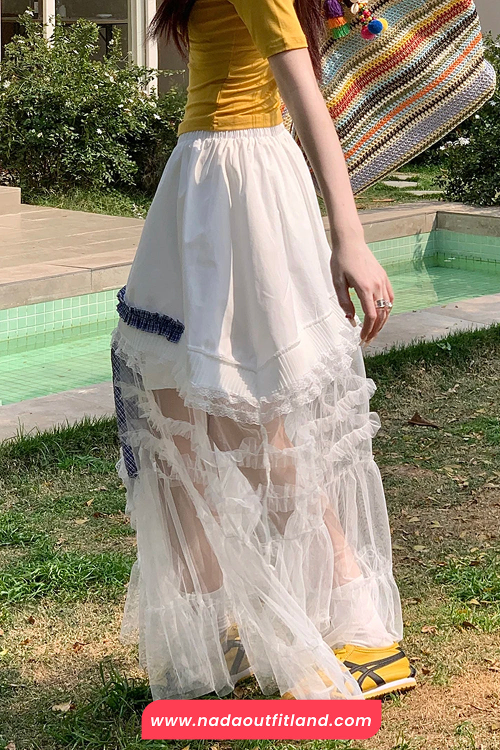High Waist Irregular Plaid Lace Mesh Casual Skirts