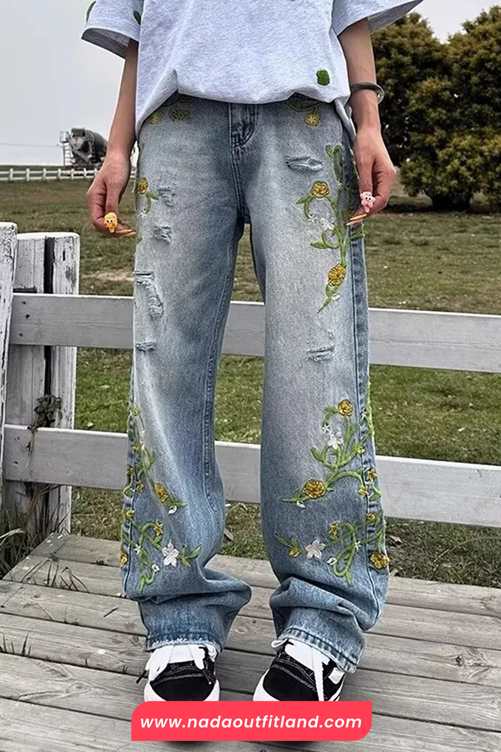 High Waist Side Floral Embroidered Men Jeans Pants