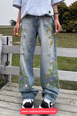 High Waist Side Floral Embroidered Men Jeans Pants