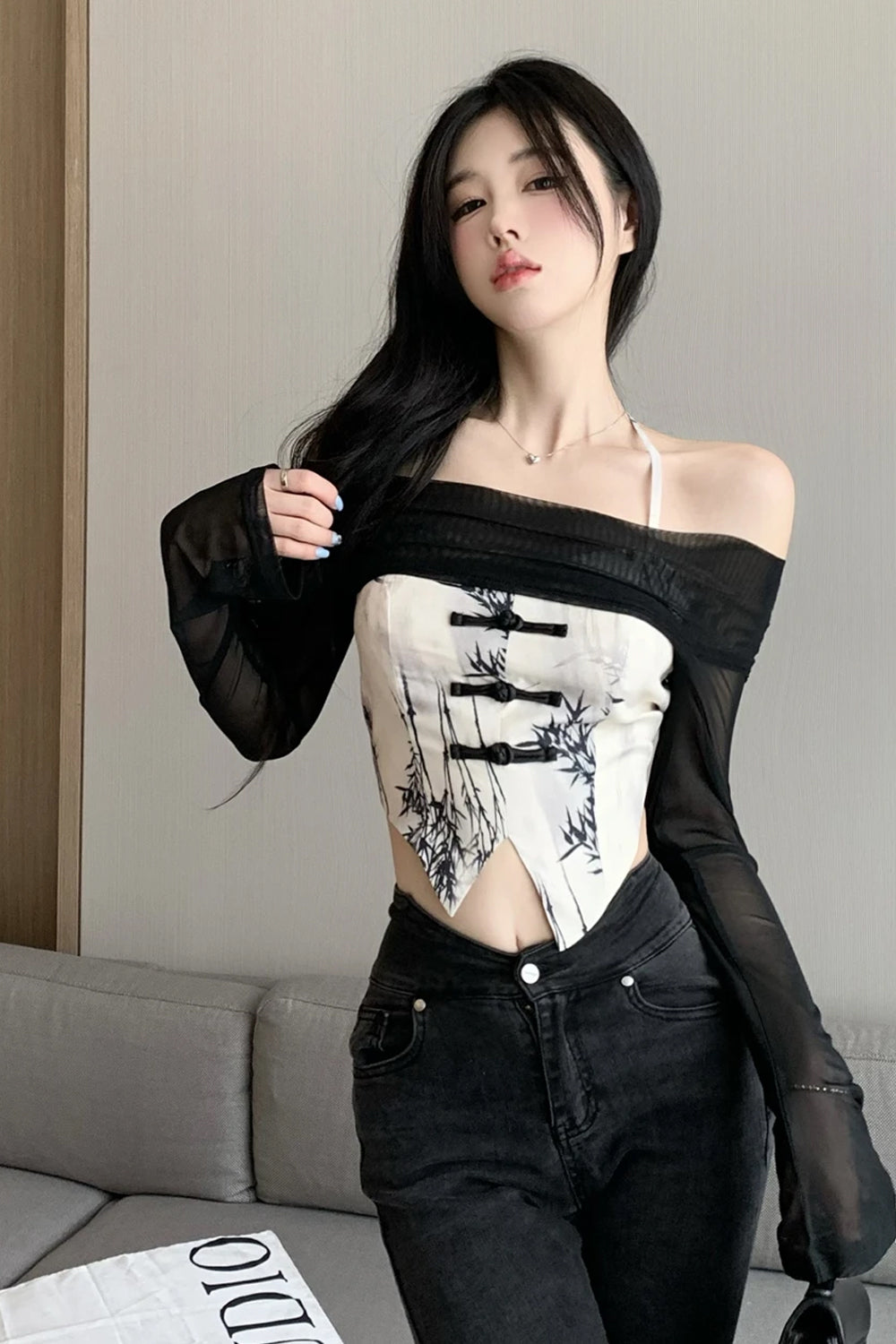 Long Sleeve Black Shawl Camis Crop Tops Set