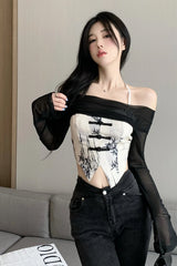 Long Sleeve Black Shawl Camis Crop Tops Set