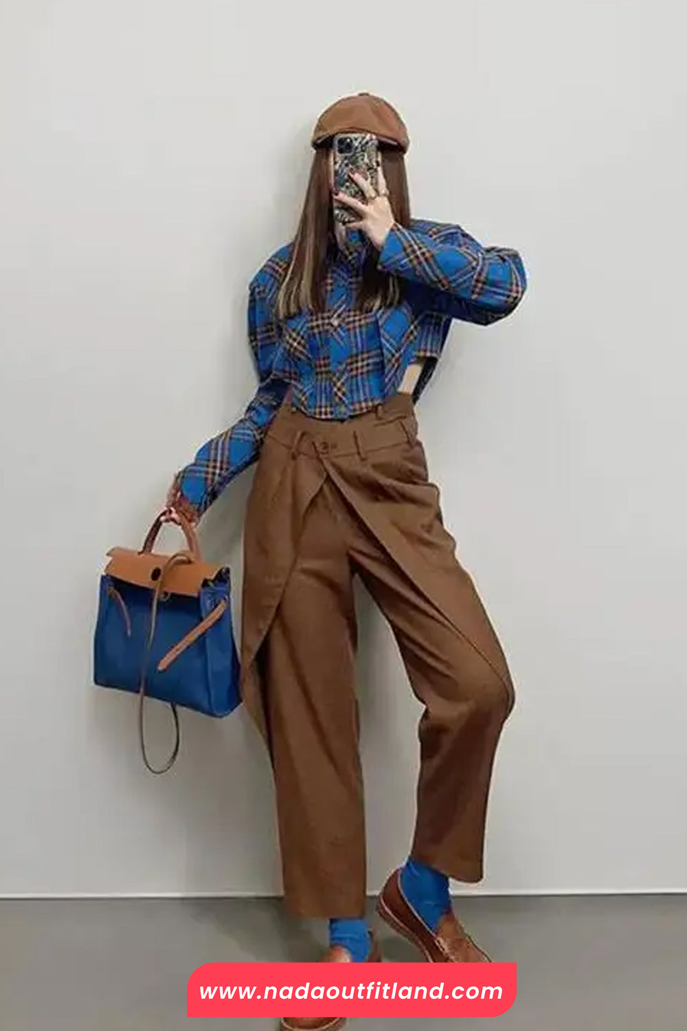Long Sleeve Vintage Blue Plaid Cropped Blouse Shirt