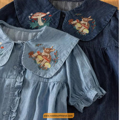 Cartoon Rabbit Embroidered Peter Pan Collar Denim Blouse Shirt