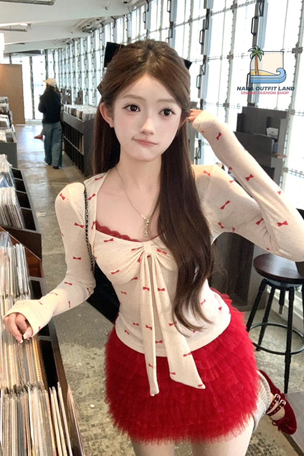 Long Sleeve Cute Bow Pattern Lace Cropped Shirt