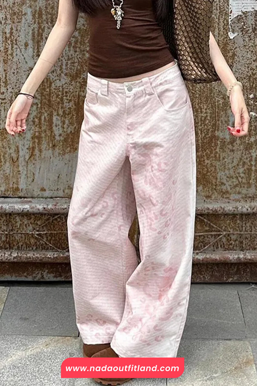 High Waist Retro Printed Long Pink Pants