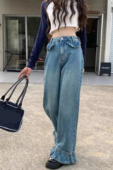 High Waist Vintage Ruffled Style Loose Jeans Pants