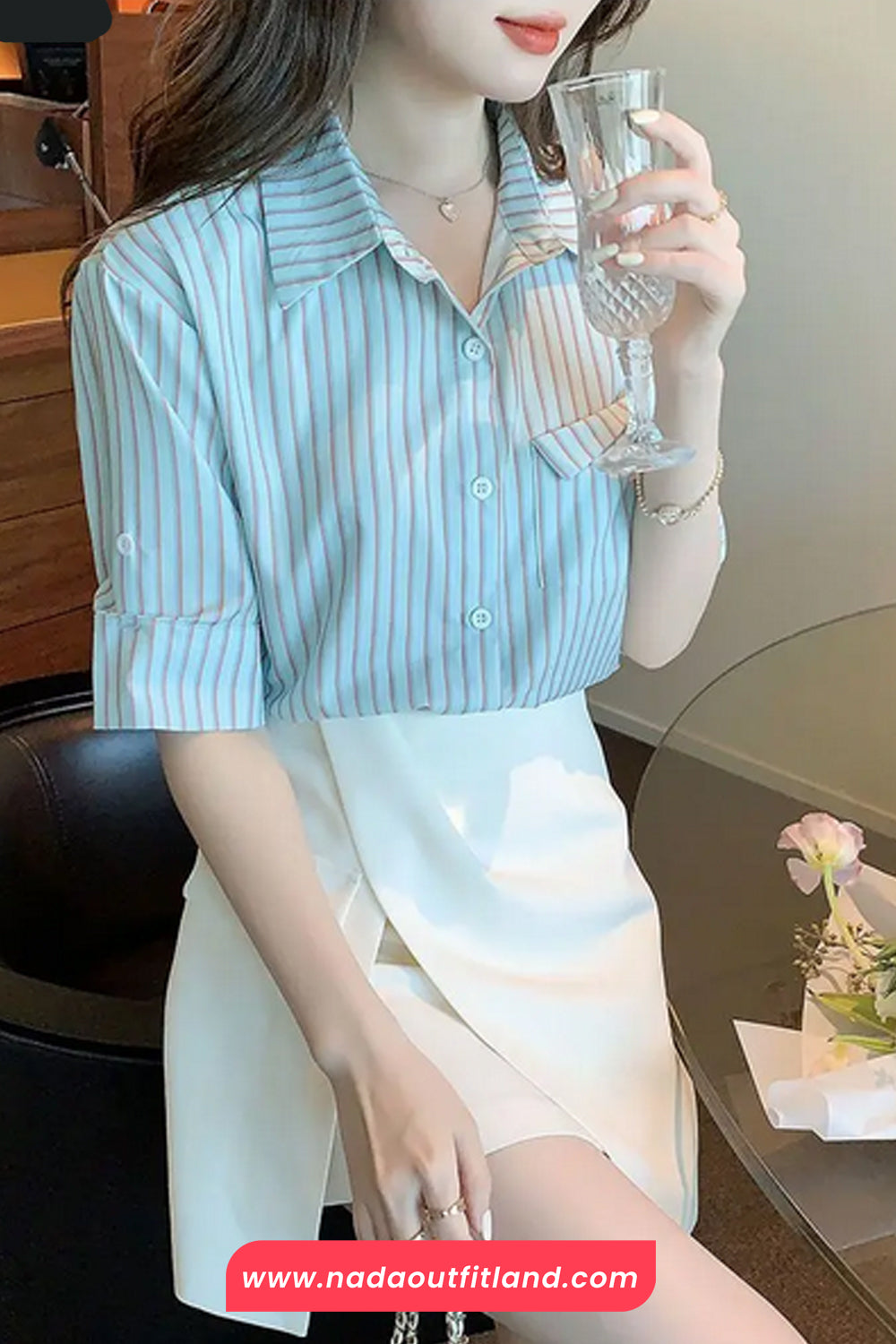 Short Sleeve Striped Pattern Office Blouse Shirt