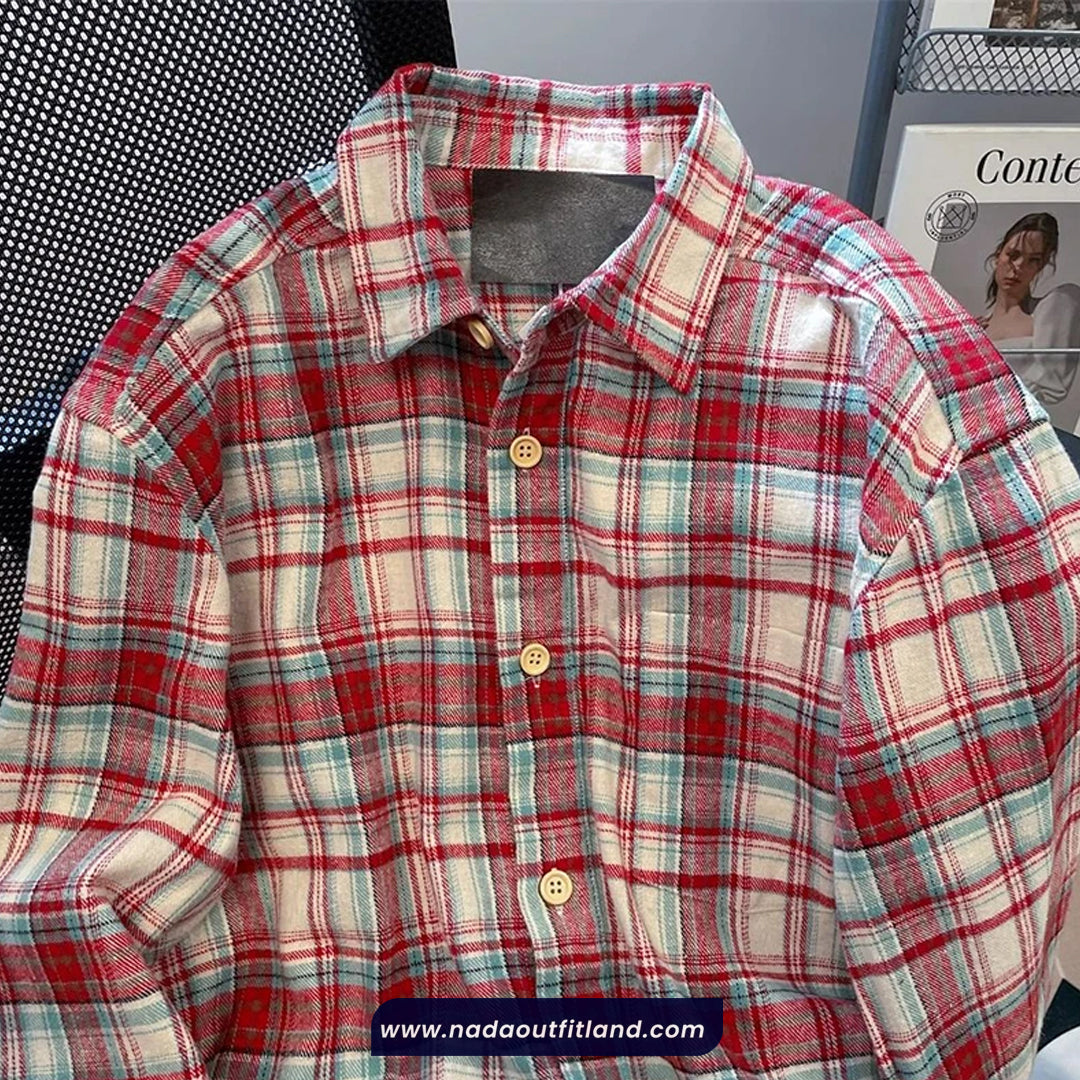 Loose Retro Red Plaid Blouse Shirt