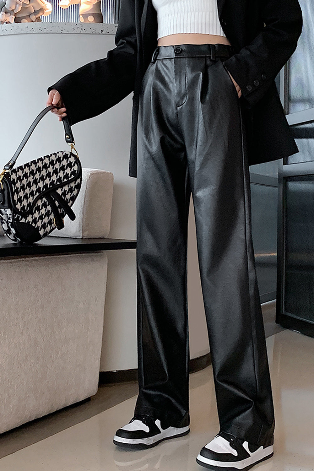 High Waist Loose Leather Pants
