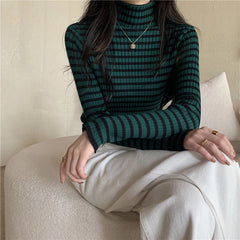 Retro Striped Turtleneck Slim Sweater