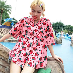 Strawberry Printed Short Sleeve Blouse Shirt