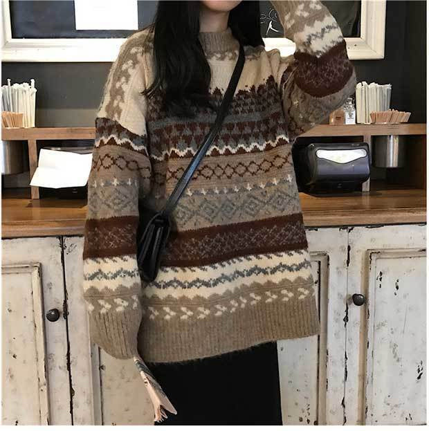 Retro Geometric Pattern Knitted Loose Sweater
