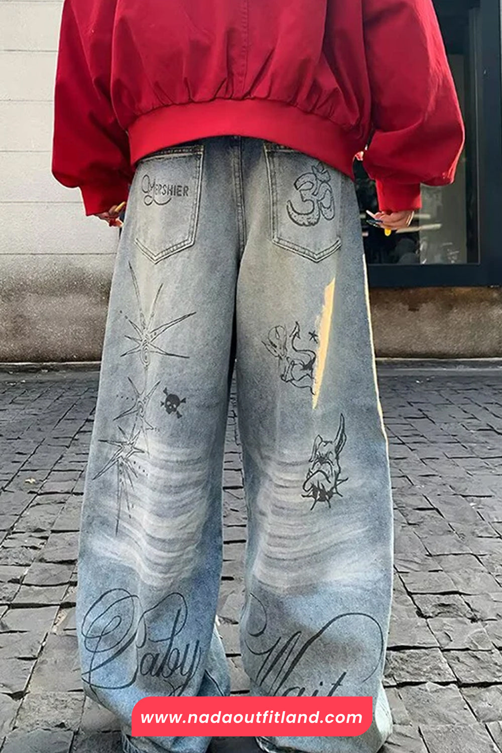 Loose Retro Printed Wide Leg Jeans Pants