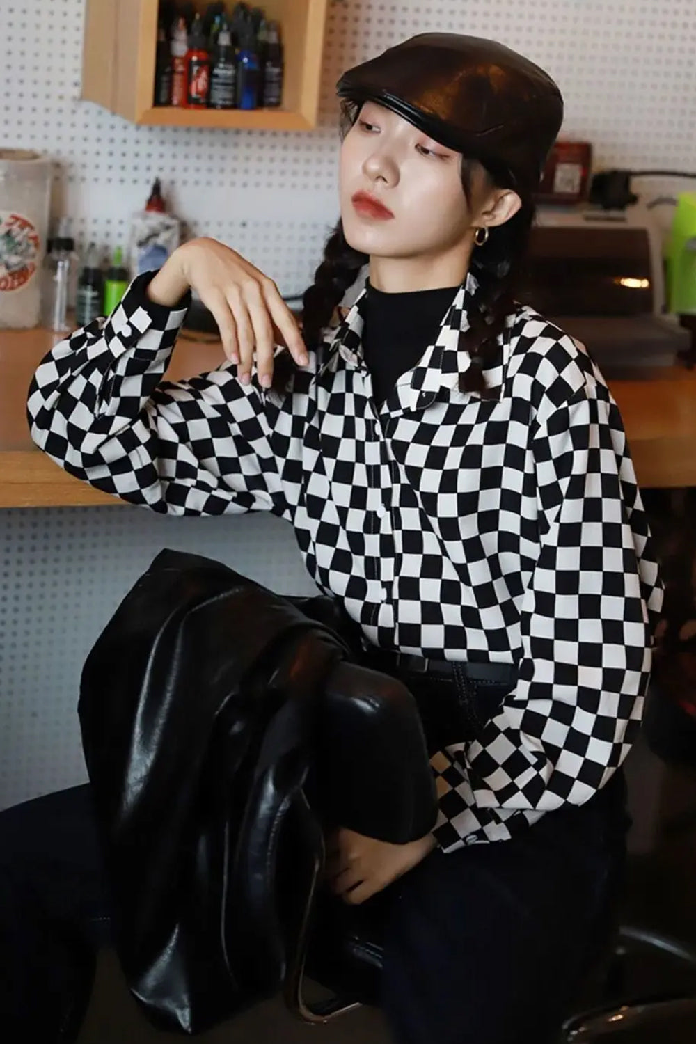 Long Sleeve Checkered Pattern Casual Blouse Shirt