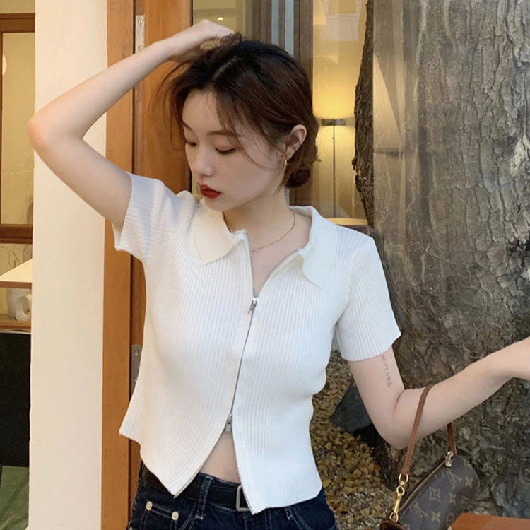 Short Sleeve Zipper Knitted Slim Shirt