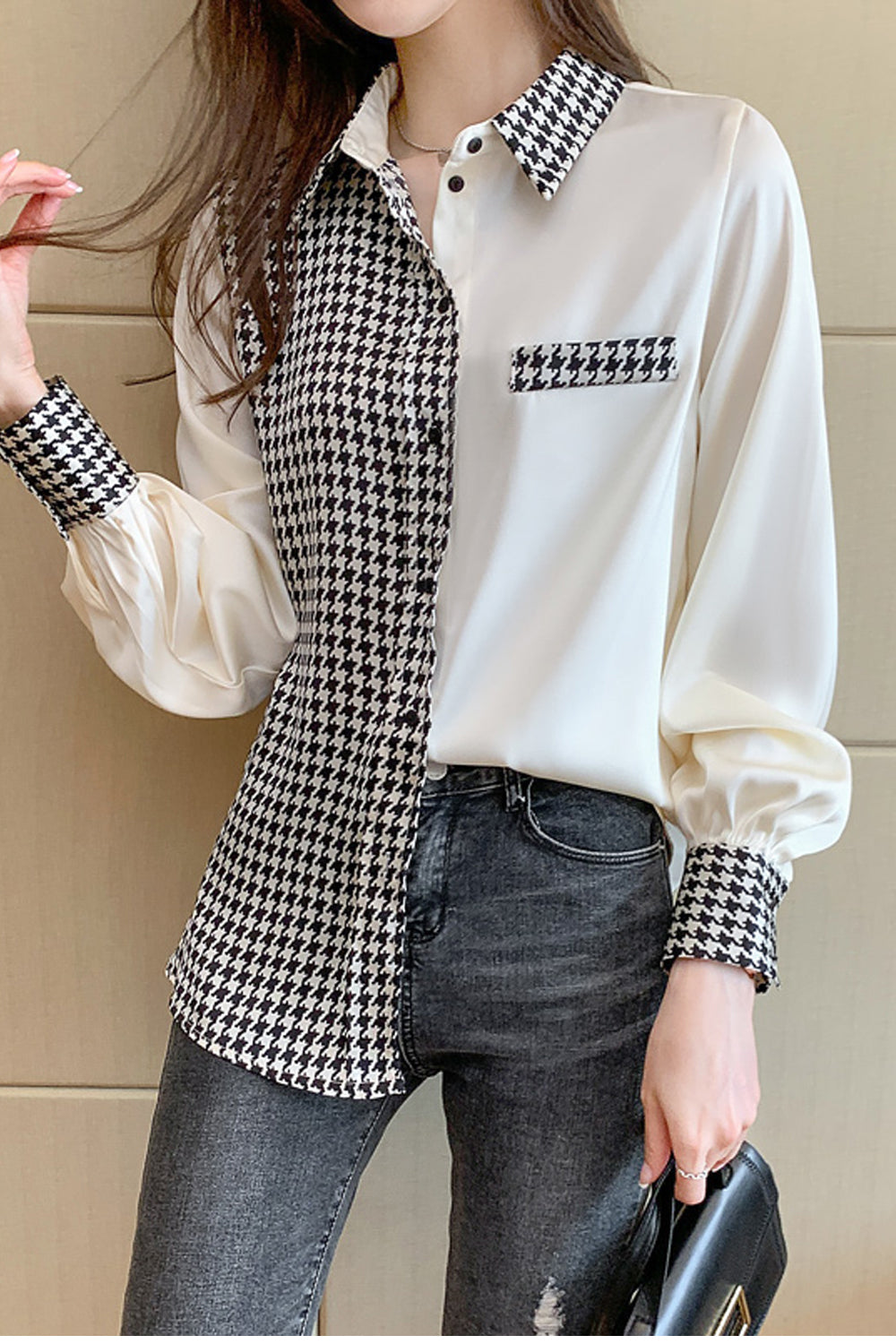 Long Sleeve Houndstooth Satin Blouse Shirt