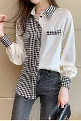 Long Sleeve Houndstooth Satin Blouse Shirt