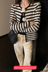 Long Sleeve 3D Flowers Striped Cardigan Sweater