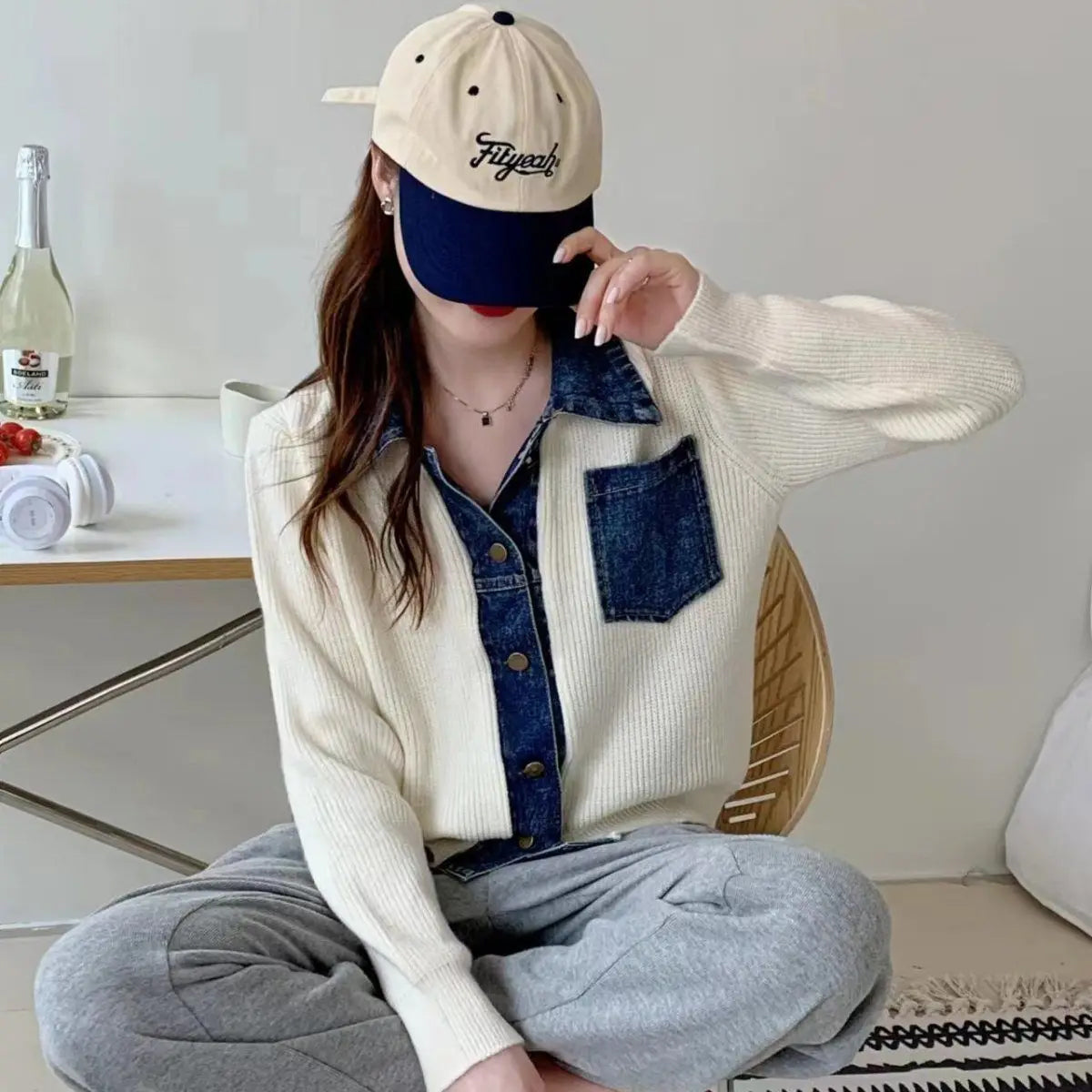 Long Sleeve Denim Spliced Sweatshirt