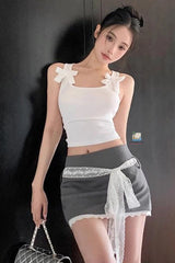 High Waist Lace Bandage Grey Mini Skirts