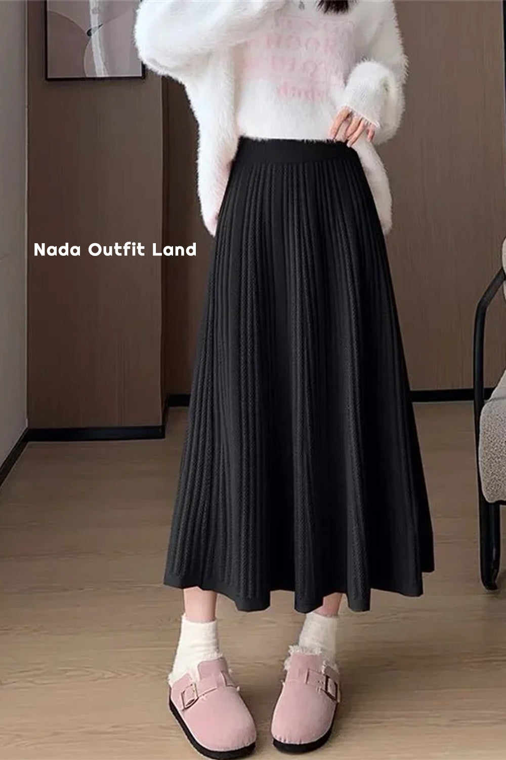 High Waist A-Line Pleated Thick Knitted Skirts