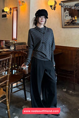 Long Sleeve Irregular Collar Grey Striped Sweater