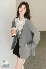 Long Sleeve V-Neck Grey Striped Lace Patchwork Blazer Jacket