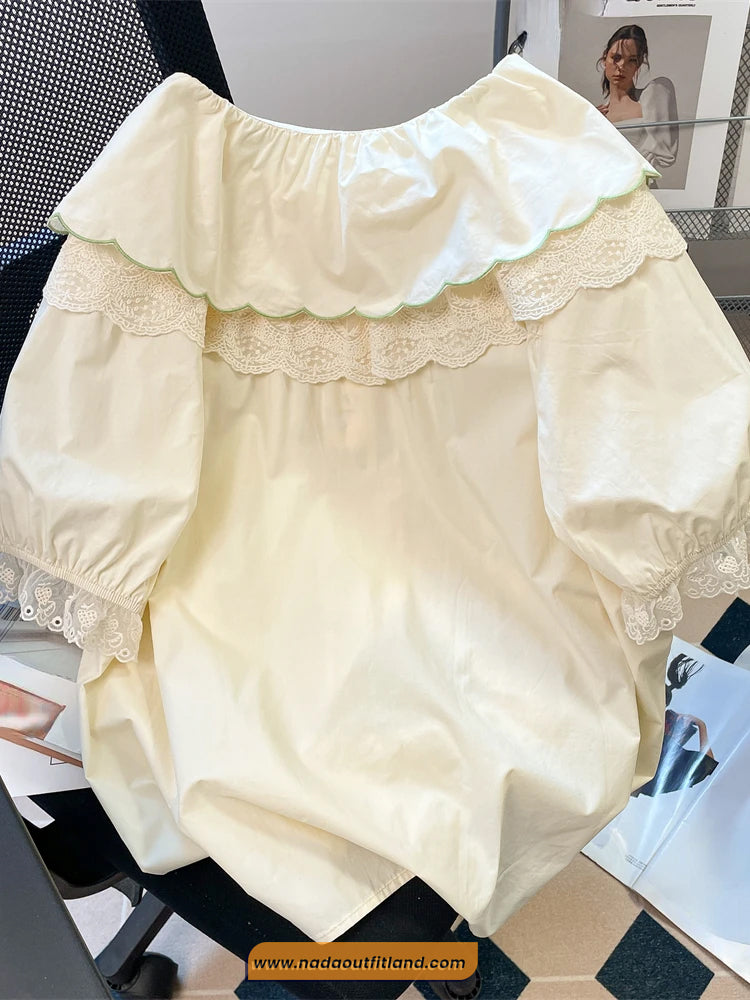 Puff Sleeve Cute Doll Collar Embroidered Lace Blouse Shirt
