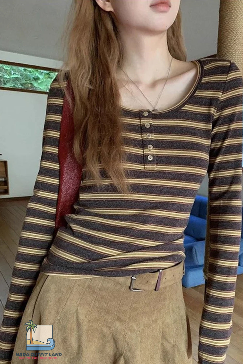 Long Sleeve U-Neck Retro Striped Shirt